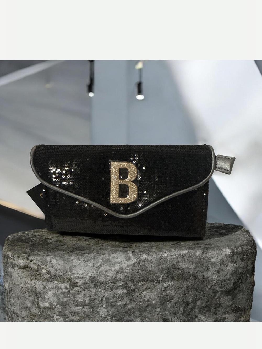 Bebe Black Sequin Clutch with  Gold embellished chain and Gold 'B' Emblem